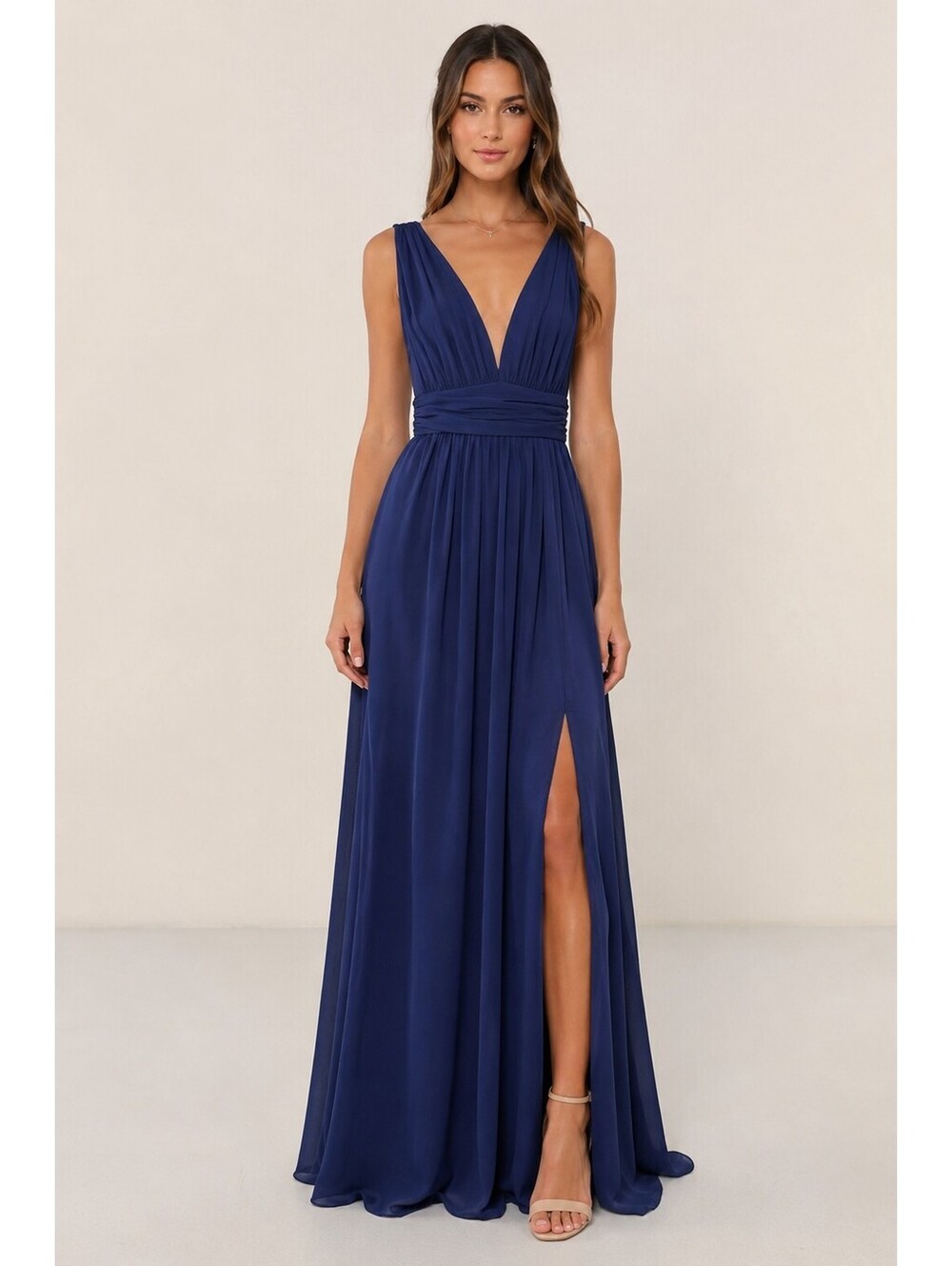 Lulus Navy Blue Deep V Ruched Side Slit Formal Maxi Dress Size S